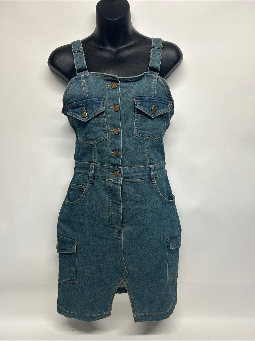bebe Light Wash Denim dress - Light Blue with Gold Stitching button up skirt NWT